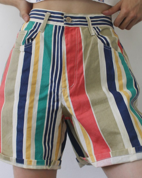 Striped denim shorts with loose rolled edge A-line hot pants HF2903-02-01 Striped denim shorts with loose rolled edge A-line hot pants HF2903-02-01