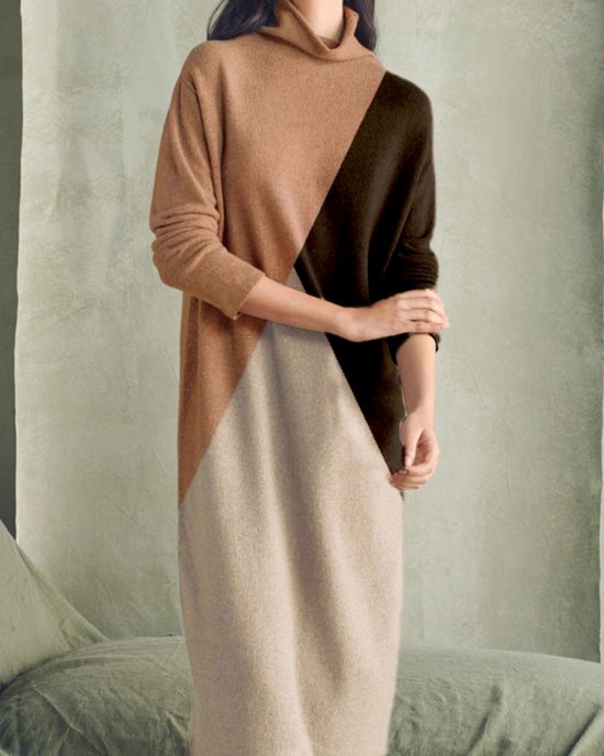 High neck contrasting color patchwork knitted long sleeved woolen dress HF3108-02-04 High neck contrasting color patchwork knitted long sleeved woolen dress HF3108-02-04