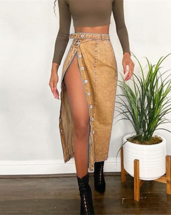 Idle denim skirt with a slit and buttocks wrapped skirt HF3210-04-04 Idle denim skirt with a slit and buttocks wrapped skirt HF3210-04-04