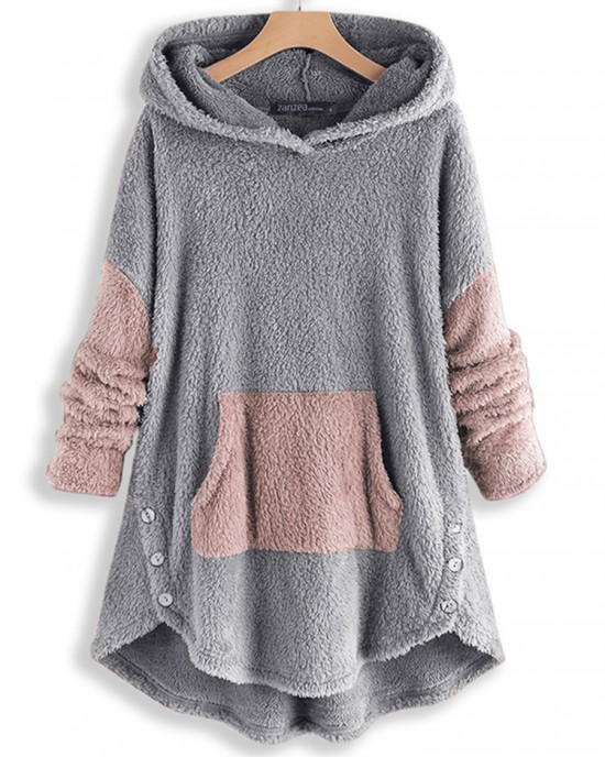Women Contrast Color Splice Irregular Hem Hooded Fleece Sweatshirt Coats Women Contrast Color Splice Irregular Hem Hooded Fleece Sweatshirt Coats