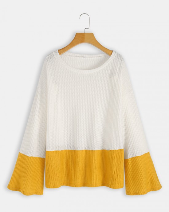 Plus Size Contrast Color One Shoulder Bell Sleeve Knit Sweaters Plus Size Contrast Color One Shoulder Bell Sleeve Knit Sweaters