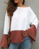 Plus Size Contrast Color One Shoulder Bell Sleeve Knit Sweaters Plus Size Contrast Color One Shoulder Bell Sleeve Knit Sweaters