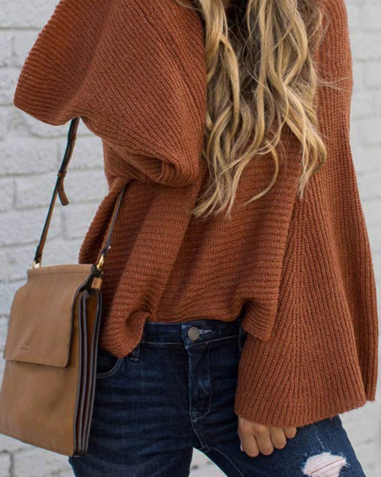 Women Autumn Knitted Bell Sleeve Casual Pullover Sweaters Women Autumn Knitted Bell Sleeve Casual Pullover Sweaters