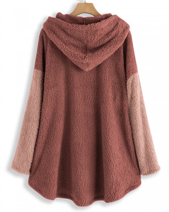 Women Contrast Color Splice Irregular Hem Hooded Fleece Sweatshirt Coats Women Contrast Color Splice Irregular Hem Hooded Fleece Sweatshirt Coats