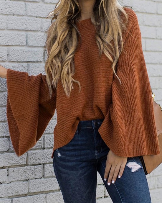 Women Autumn Knitted Bell Sleeve Casual Pullover Sweaters Women Autumn Knitted Bell Sleeve Casual Pullover Sweaters
