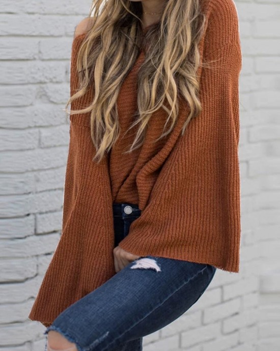 Women Autumn Knitted Bell Sleeve Casual Pullover Sweaters Women Autumn Knitted Bell Sleeve Casual Pullover Sweaters