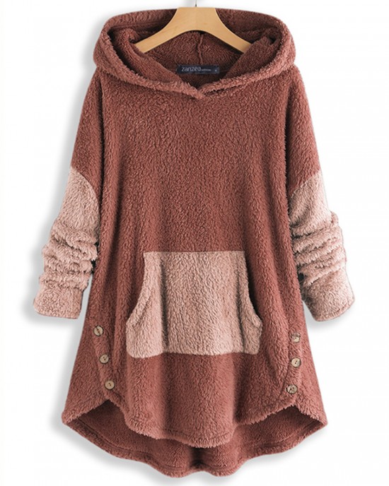 Women Contrast Color Splice Irregular Hem Hooded Fleece Sweatshirt Coats Women Contrast Color Splice Irregular Hem Hooded Fleece Sweatshirt Coats