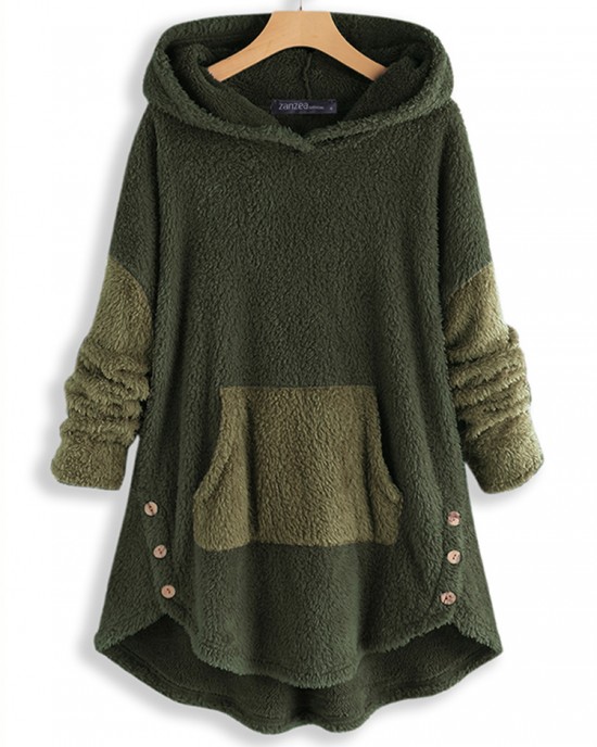 Women Contrast Color Splice Irregular Hem Hooded Fleece Sweatshirt Coats Women Contrast Color Splice Irregular Hem Hooded Fleece Sweatshirt Coats