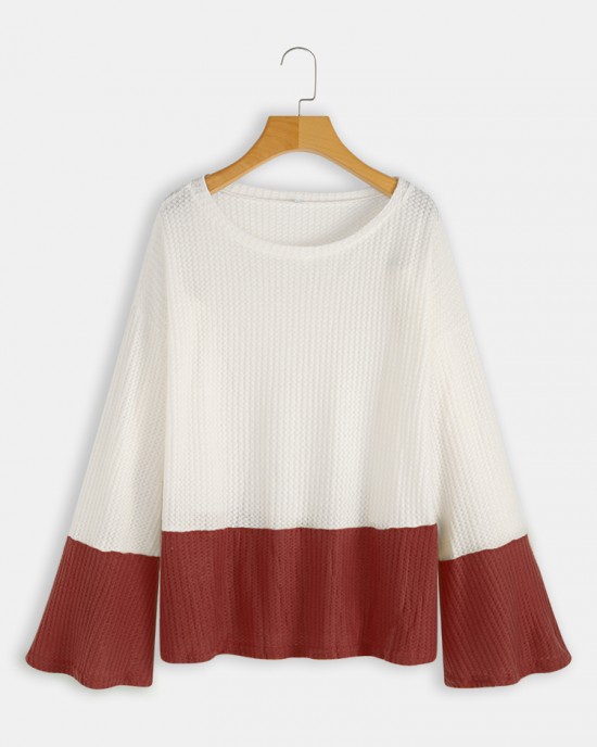 Plus Size Contrast Color One Shoulder Bell Sleeve Knit Sweaters Plus Size Contrast Color One Shoulder Bell Sleeve Knit Sweaters