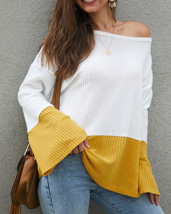 Plus Size Contrast Color One Shoulder Bell Sleeve Knit Sweaters Plus Size Contrast Color One Shoulder Bell Sleeve Knit Sweaters