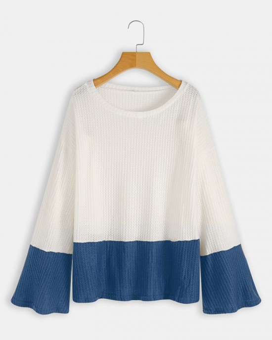 Plus Size Contrast Color One Shoulder Bell Sleeve Knit Sweaters Plus Size Contrast Color One Shoulder Bell Sleeve Knit Sweaters